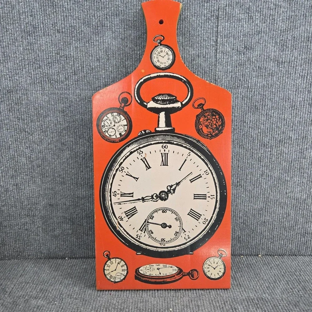 Vintage Wooden Cutting Board Watches Time Pieces Orange 70s Decor